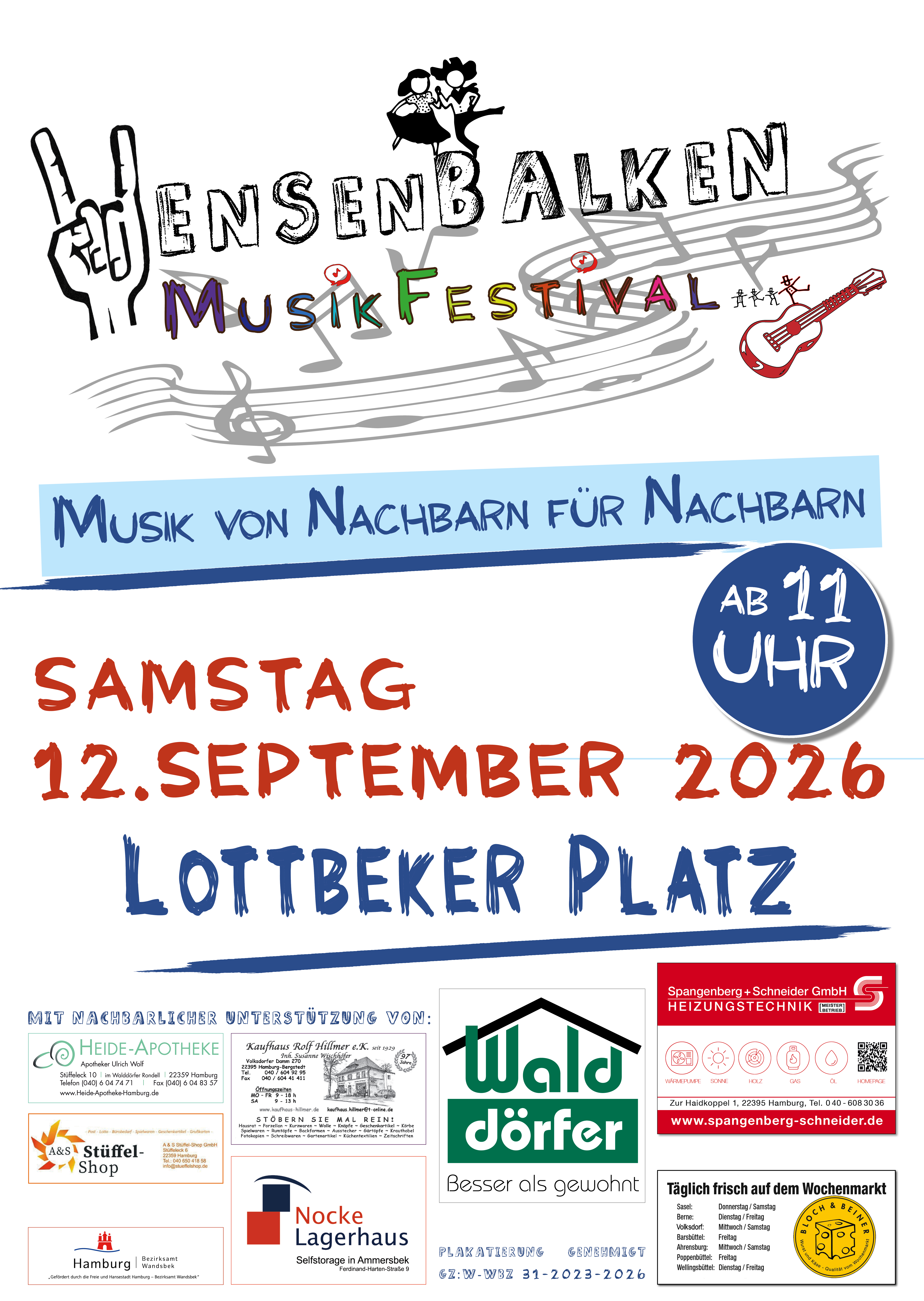 Veranstaltungsplakat für das Wensenbalken-Musikfestival – Musik von Nachbarn für Nachbarn in und um die Wensenbalken Siedlung in Hamburg Volksdorf